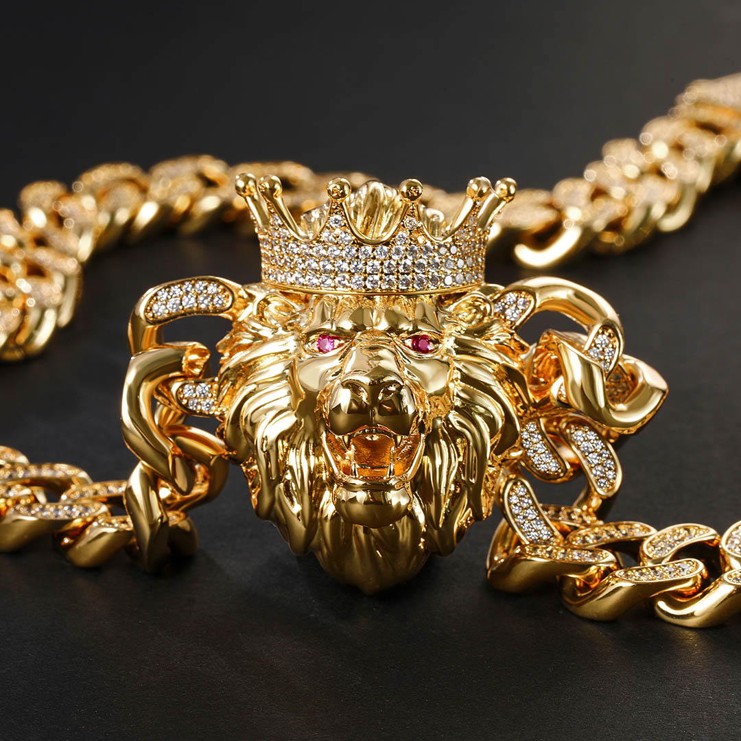 Iced Out Handset King Crown Lion Cuban Necklace In Gold Pendant - Image 4