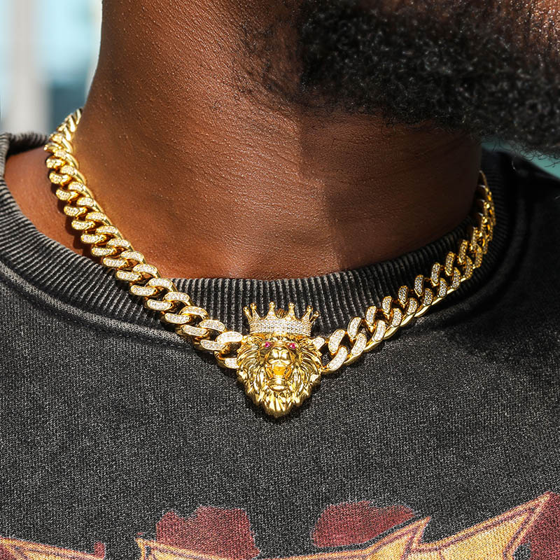Iced Out Handset King Crown Lion Cuban Necklace In Gold Pendant