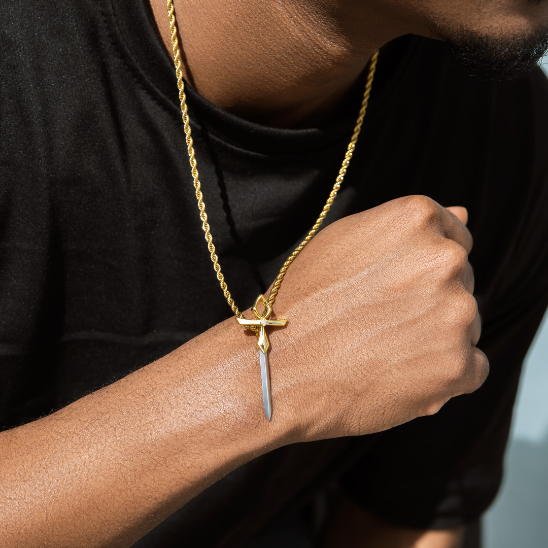 Iced Out Two-tone Ankh Sword Pendant Gold With Street Luxury Shine - Image 3