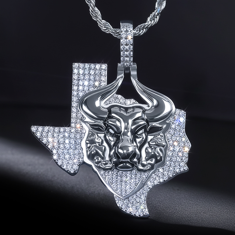 Iced Out Texas Angry Bull Pendant In White Gold With Street Luxury Shine