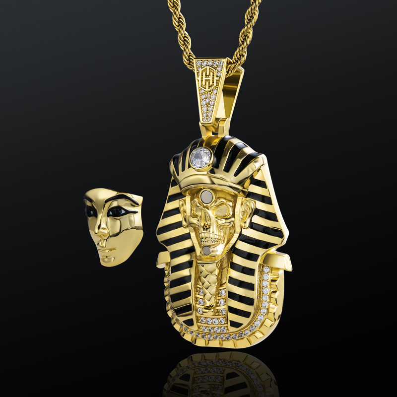 Egypt Pharaoh Magnetic Detachable Skull Mask Pendant In Gold Moissanite