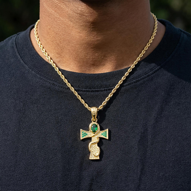 Oval-cut Emerald Cross Snake Pendant Gold With Street Luxury Shine - Image 3