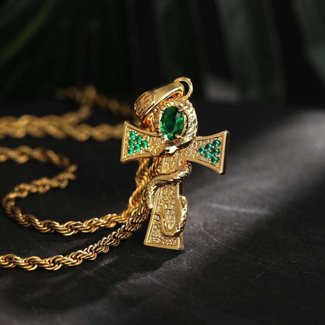 Oval-cut Emerald Cross Snake Pendant Gold With Street Luxury Shine - Image 4