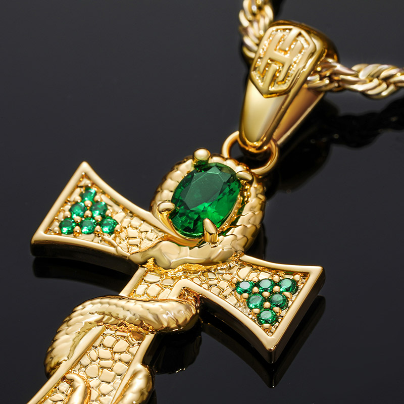 Oval-cut Emerald Cross Snake Pendant Gold With Street Luxury Shine - Image 6