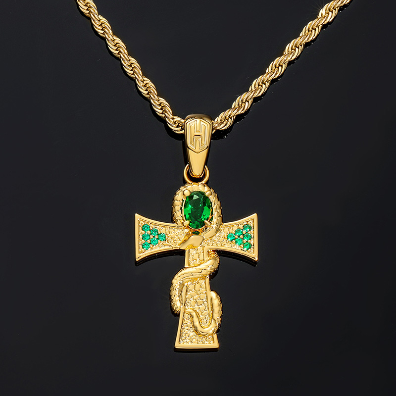 Oval-cut Emerald Cross Snake Pendant Gold With Street Luxury Shine - Image 7