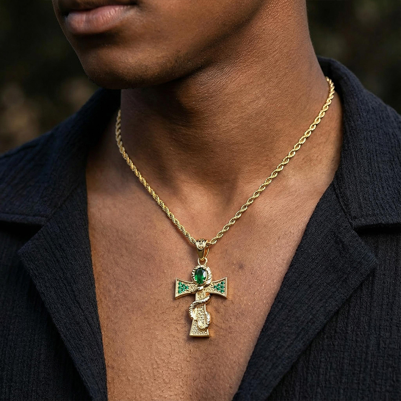 Oval-cut Emerald Cross Snake Pendant Gold With Street Luxury Shine - Image 8