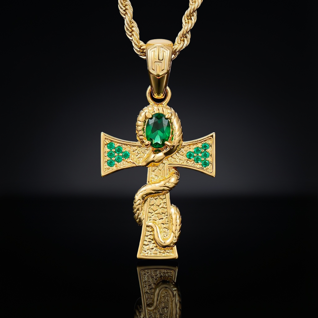 Oval-cut Emerald Cross Snake Pendant Gold With Street Luxury Shine
