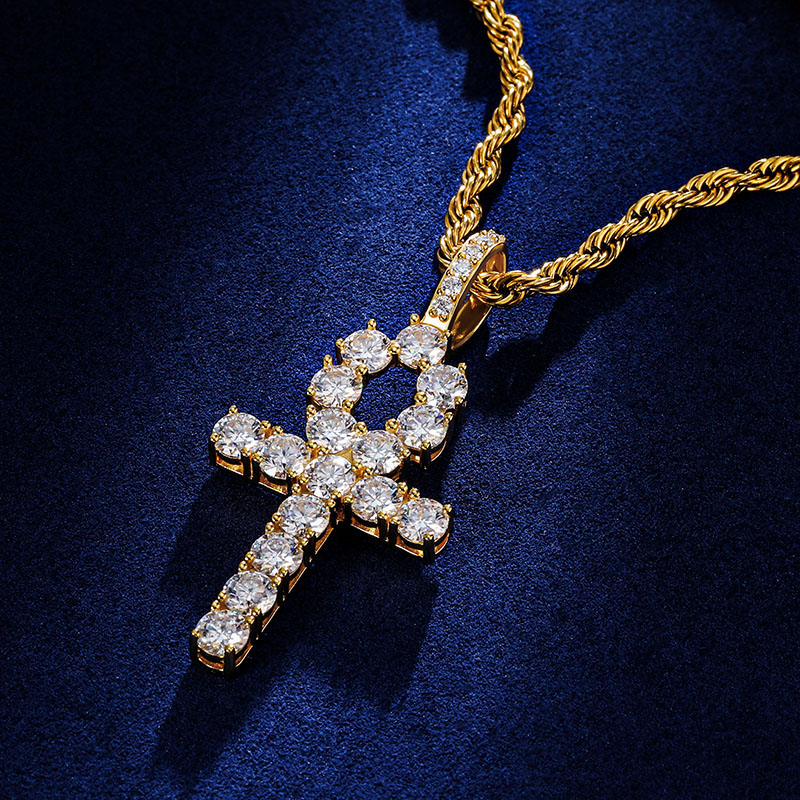S925 Sterling Silver Moissanite Ankh Pendant In 18k Gold Plated Iced Out - Image 4
