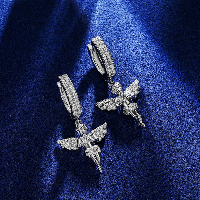 Moissanite Praying Angel Dangle Earrings In S925 Sterling Silver Iced Out