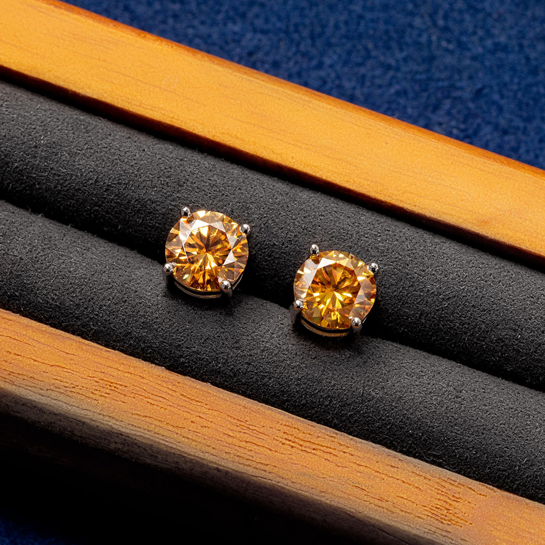 1ct Moissanite Round Dark Champagne Stud Earrings In S925 Silver Iced Out - Image 5