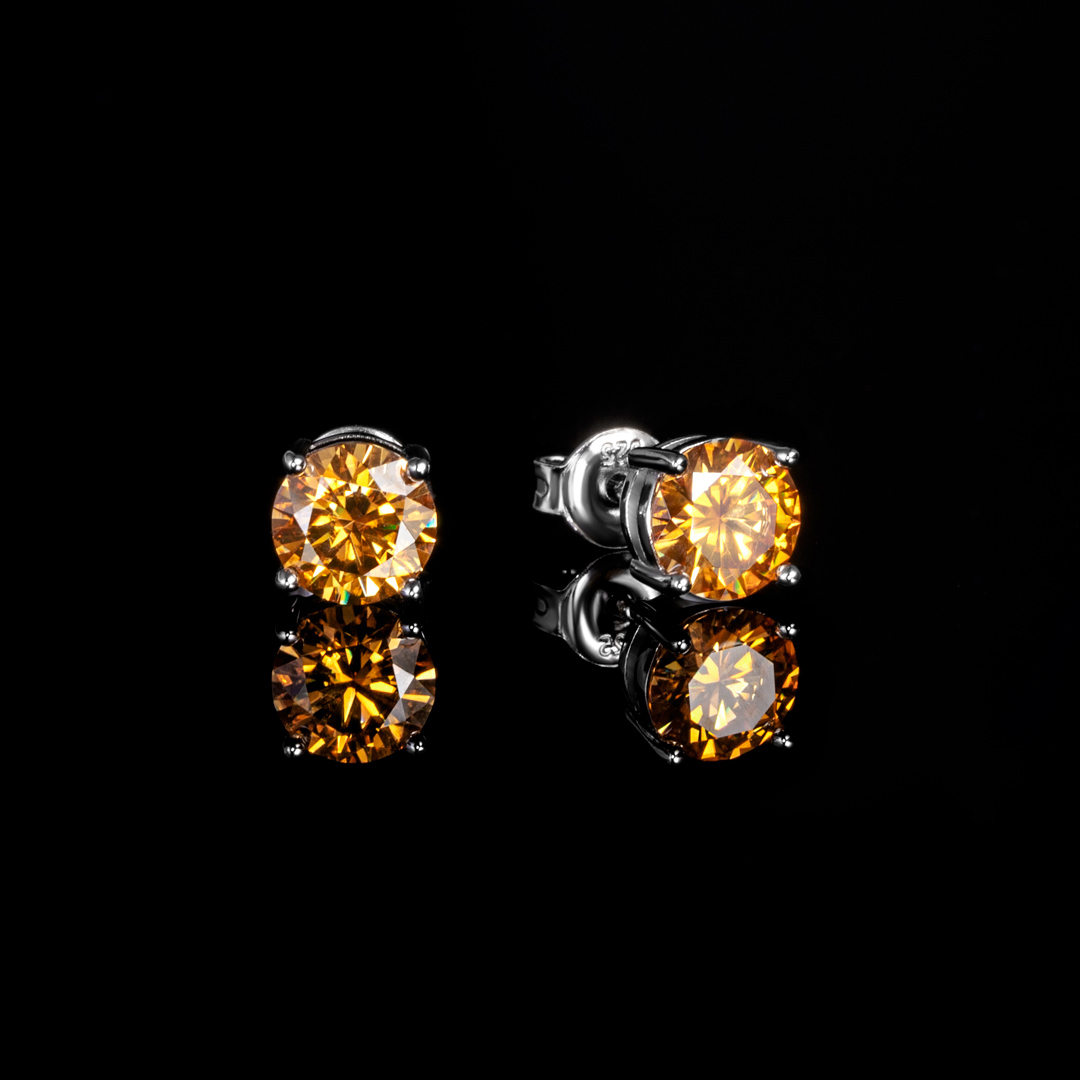 1ct Moissanite Round Dark Champagne Stud Earrings In S925 Silver Iced Out