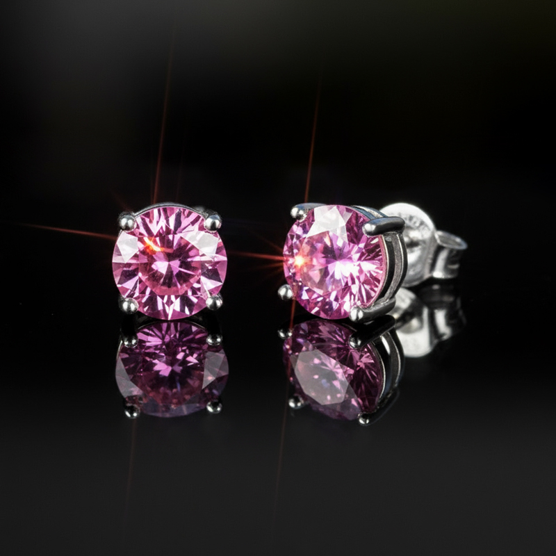 1ct Pink Moissanite Round Stud Earrings In S925 Silver Iced Out