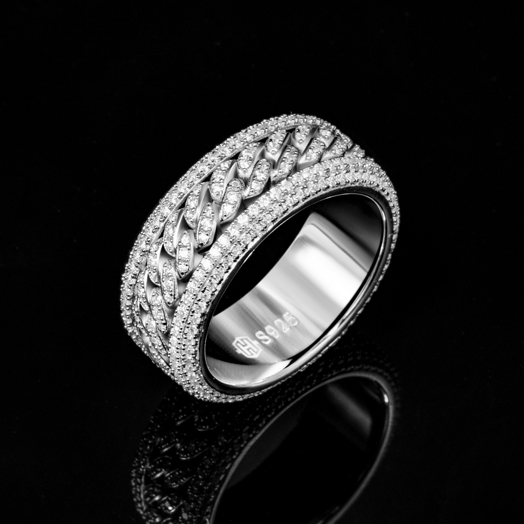 Micro Paved Moissanite Rotatable Cuban Link Ring In S925 Silver Iced Out - Image 3
