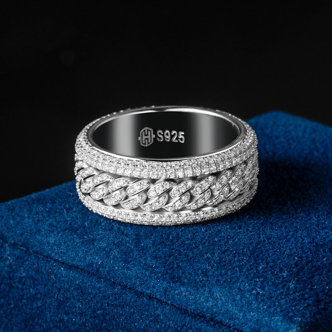 Micro Paved Moissanite Rotatable Cuban Link Ring In S925 Silver Iced Out