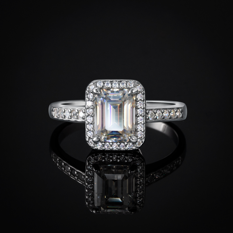 8mm*6mm Moissanite Emerald Cut Halo Engagement Ring In S925 Sterling Silver - Image 3