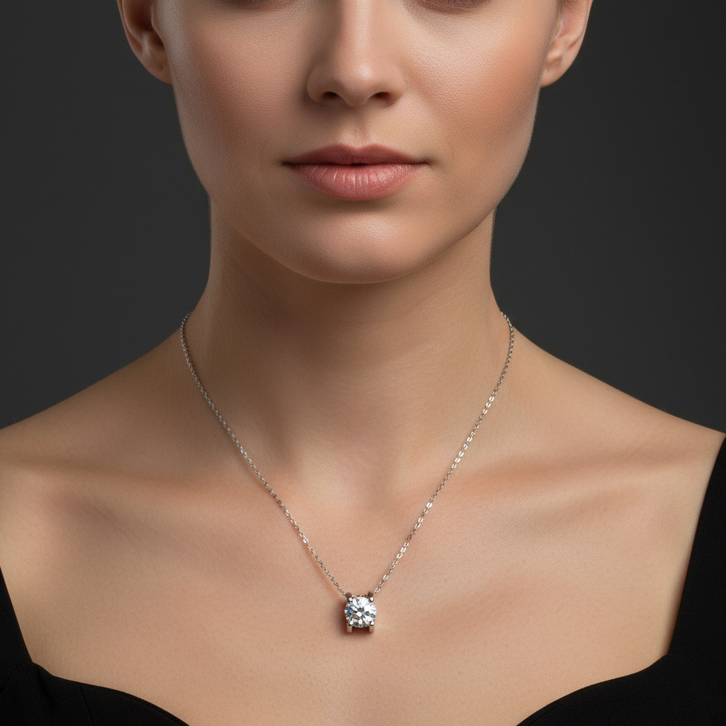 Round Cut Moissanite Solitaire Pendant Necklace In S925 Sterling Silver - Image 3