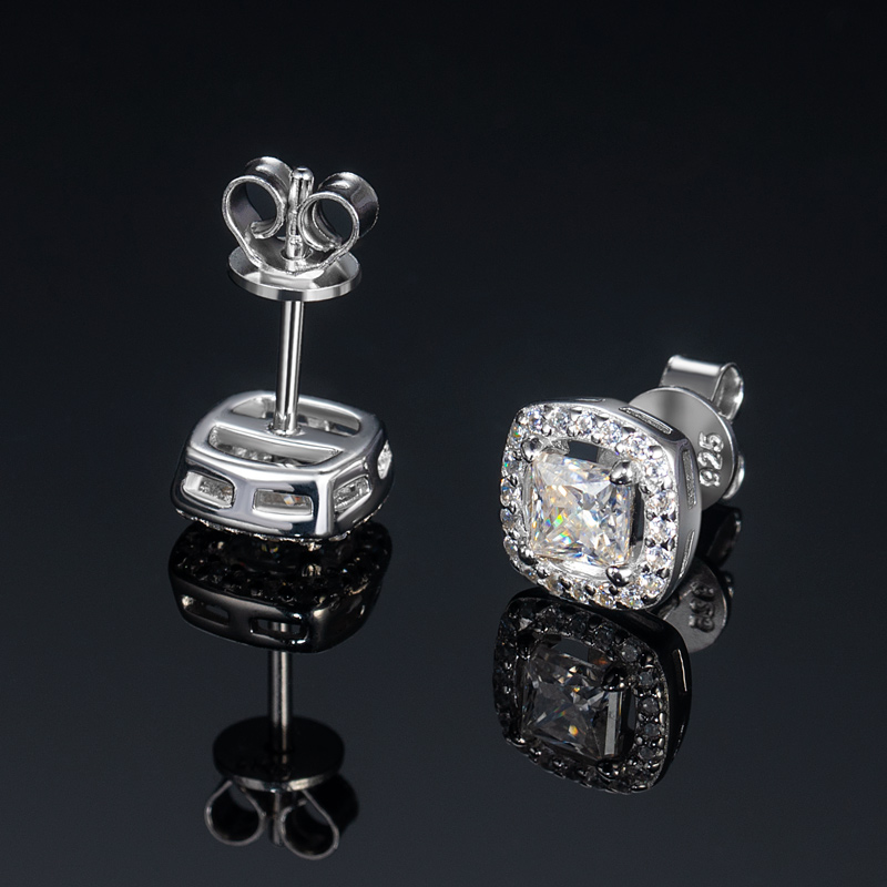 Princess Cut Halo Moissanite Stud Earrings In S925 Sterling Silver Iced Out - Image 3