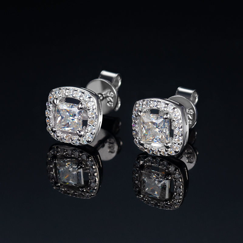 Princess Cut Halo Moissanite Stud Earrings In S925 Sterling Silver Iced Out