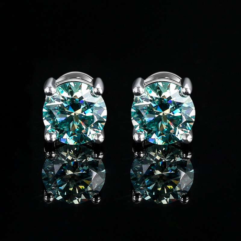 1ct Light Blue-green Moissanite Round Stud Earrings In S925 Silver Iced Out