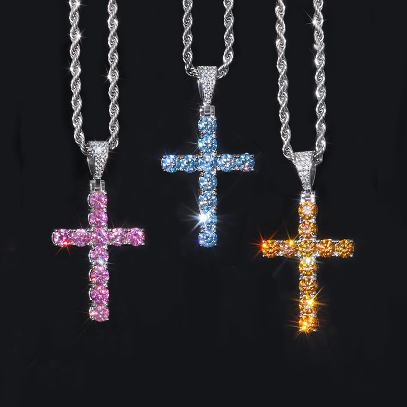S925 Sterling Silver Moissanite Cross Pendant-pink/yellow/blue Iced Out - Image 4