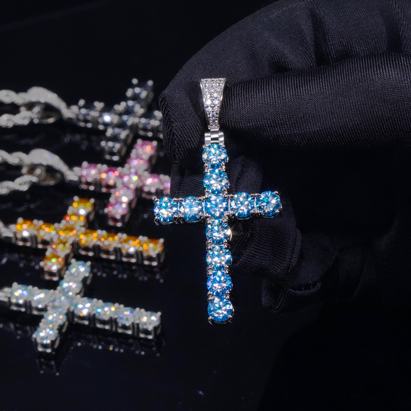S925 Sterling Silver Moissanite Cross Pendant-pink/yellow/blue Iced Out