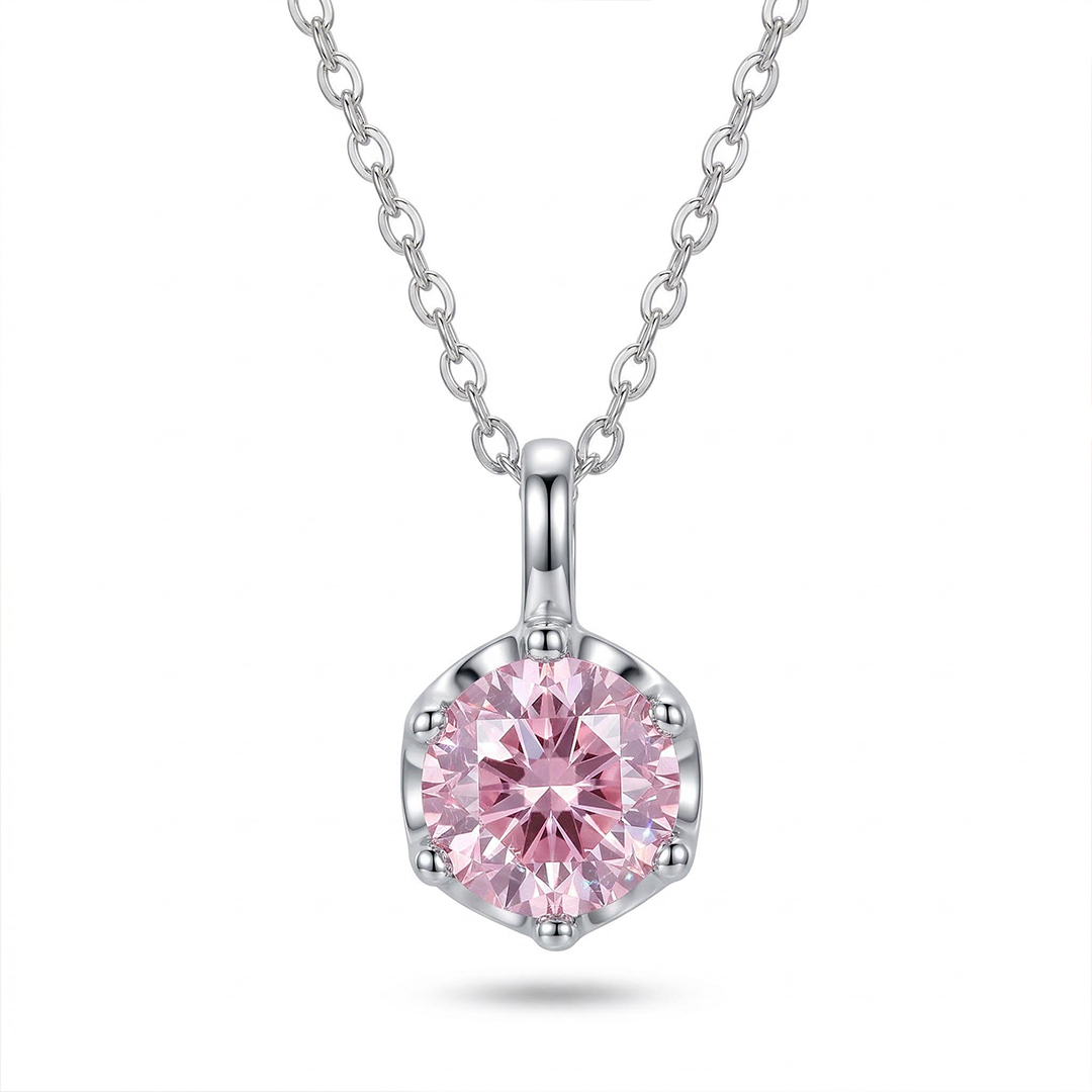 Crown Pink Moissanite Brilliant Round Cut Necklace In S925 Silver Iced Out