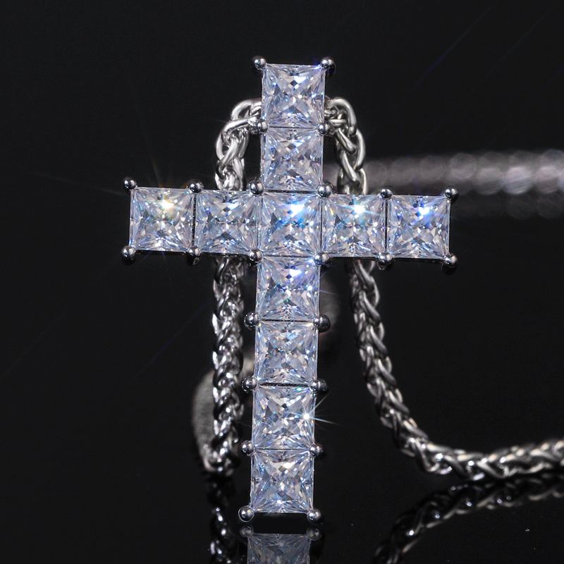 S925 Sterling Silver Princess Cut Moissanite Cross Pendant With Franco