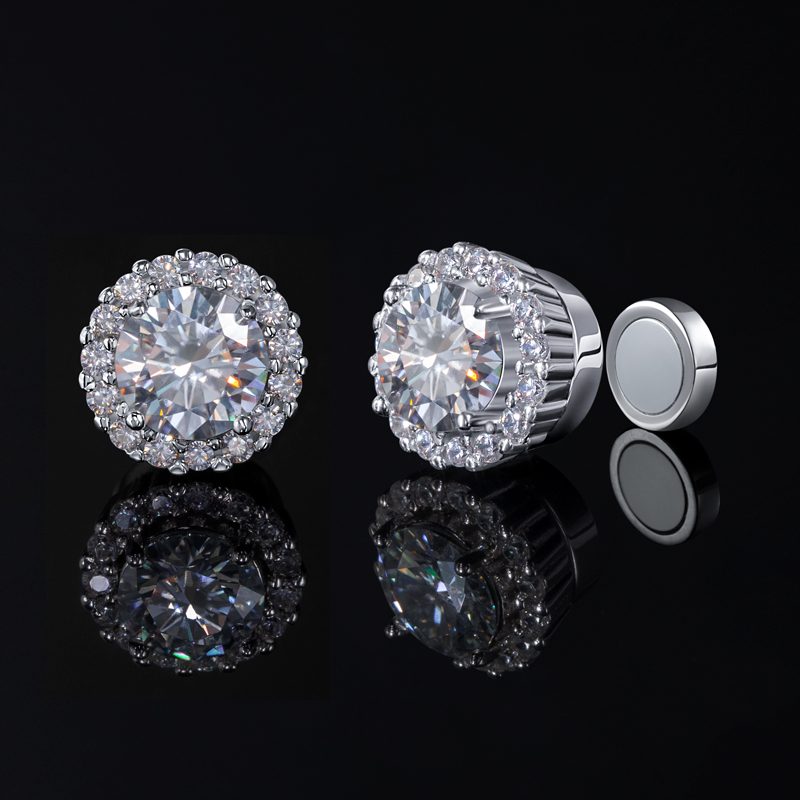 Moissanite Round Cut Magnetic Non-piercing Stud Earrings In S925 Sterling