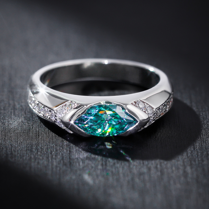 Bold 1ct Marquise Cut Aqua/white Moissanite Ring In S925 Sterling Silver