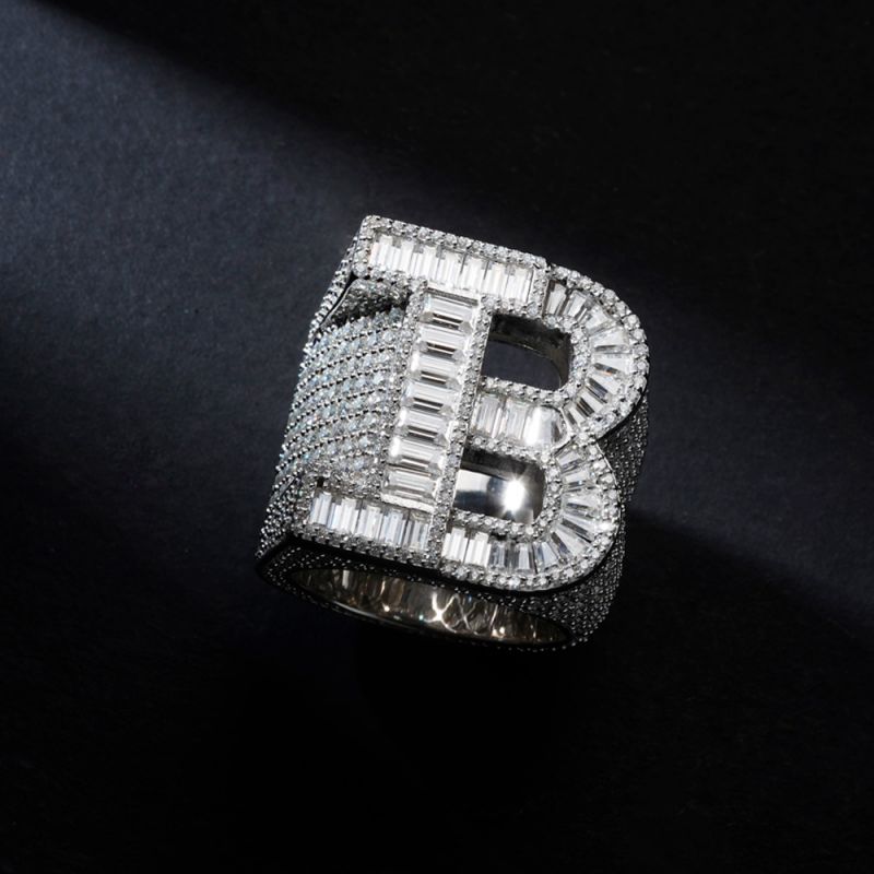Made To Order Moissanite Baguette Cut Letter B S925 Silver Ring Iced Out