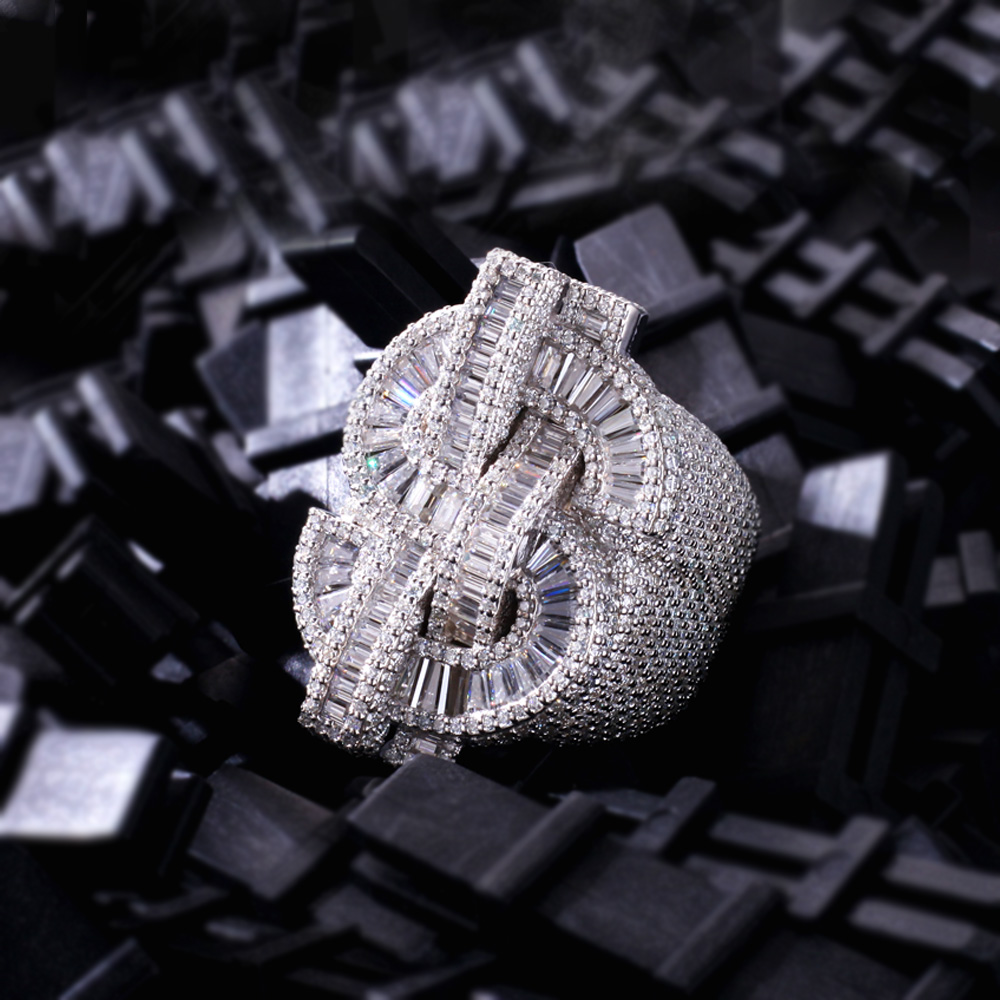 Made To Order Moissanite Dollar Sign Baguette Cut S925 Silver Men's Ring - Image 3