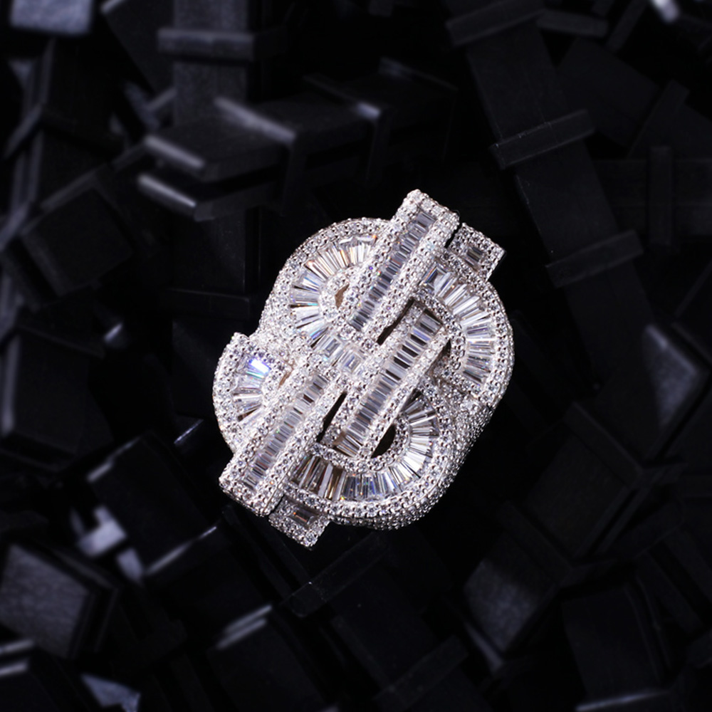 Made To Order Moissanite Dollar Sign Baguette Cut S925 Silver Men's Ring