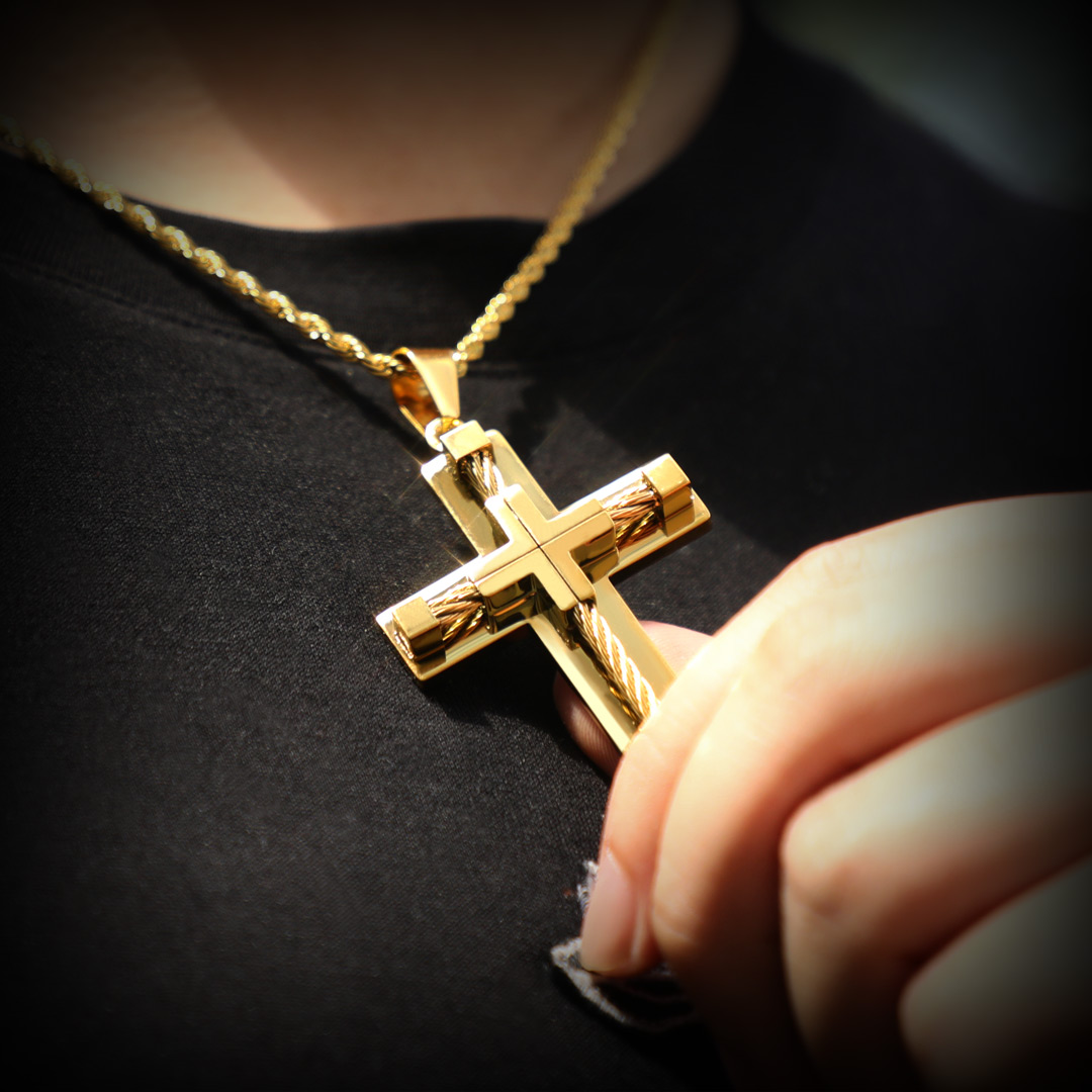 18k Gold Stainless Steel Cross Pendant Gold Shine With Street Luxury - Image 3