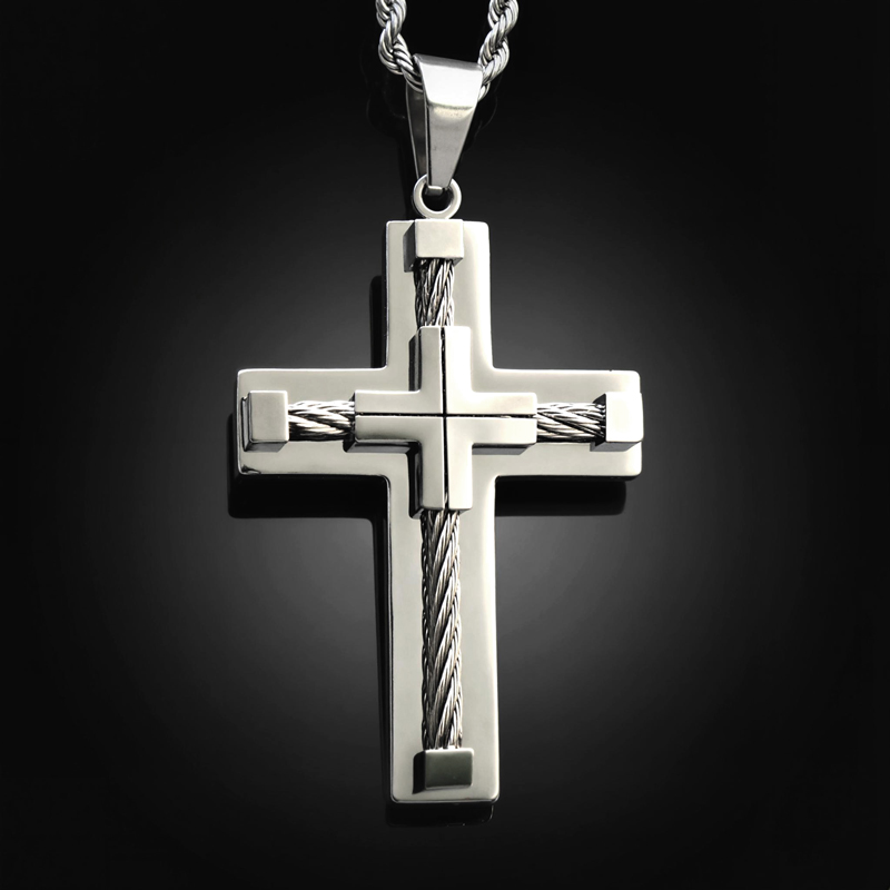 18k White Gold Stainless Steel Cross Pendant With Street Luxury Shine