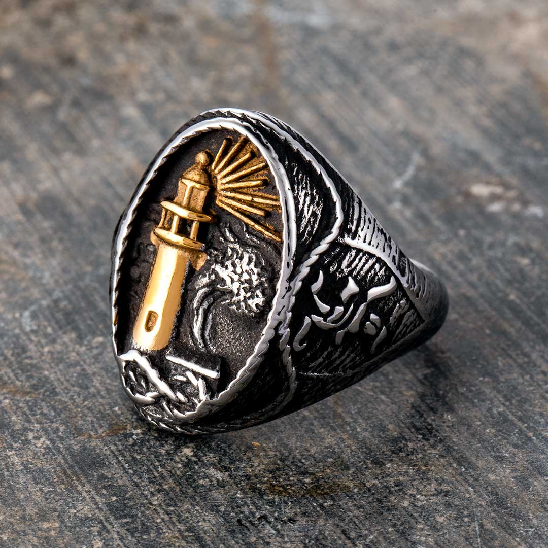 Gold Lighthouse Hourglass Stainless Steel Marine Ring With Gold Shine - Image 3
