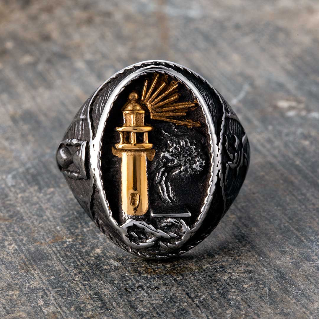 Gold Lighthouse Hourglass Stainless Steel Marine Ring With Gold Shine