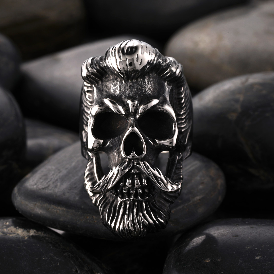 Retro Bearded Man Stainless Steel Skull Ring With Street Luxury Shine - Image 3