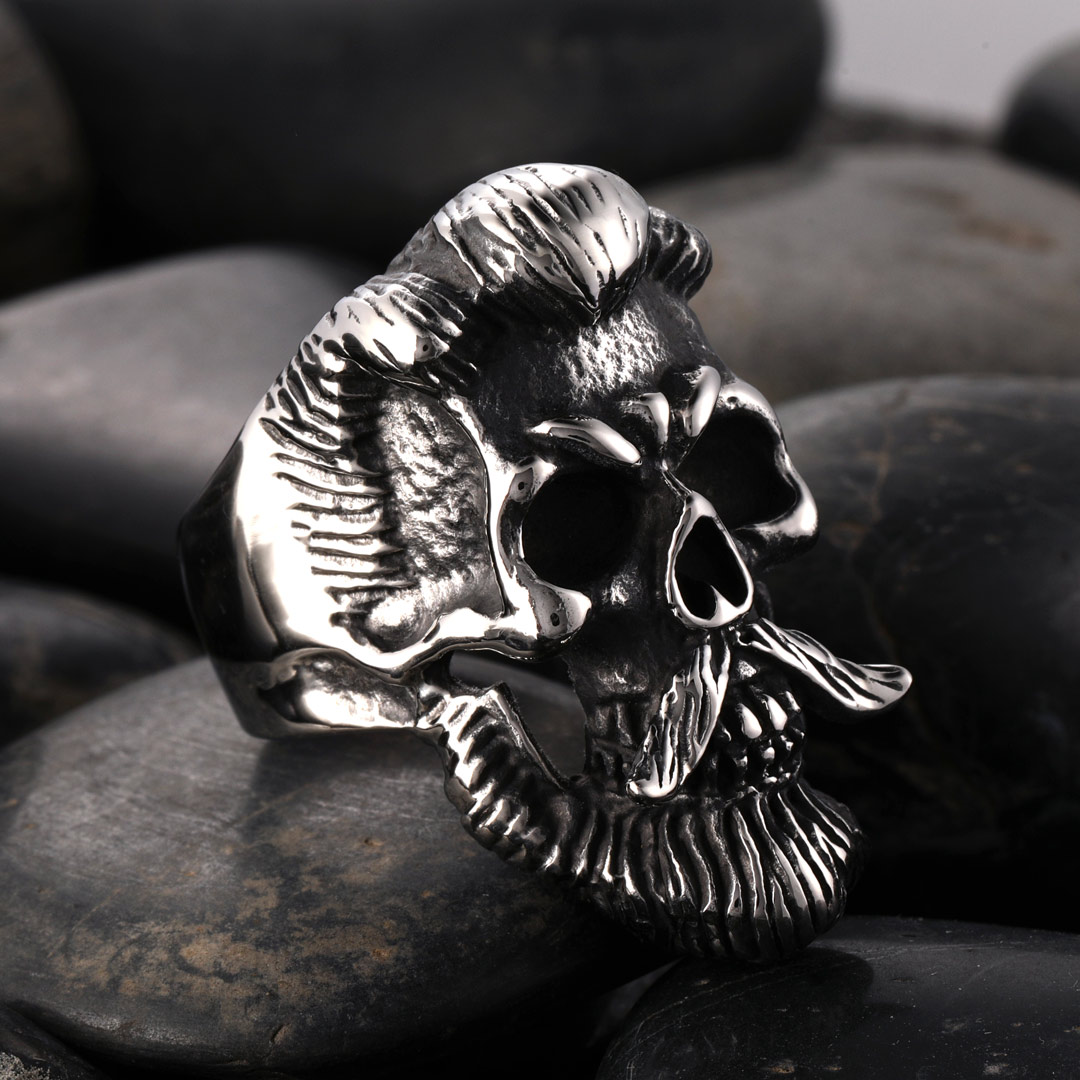 Retro Bearded Man Stainless Steel Skull Ring With Street Luxury Shine