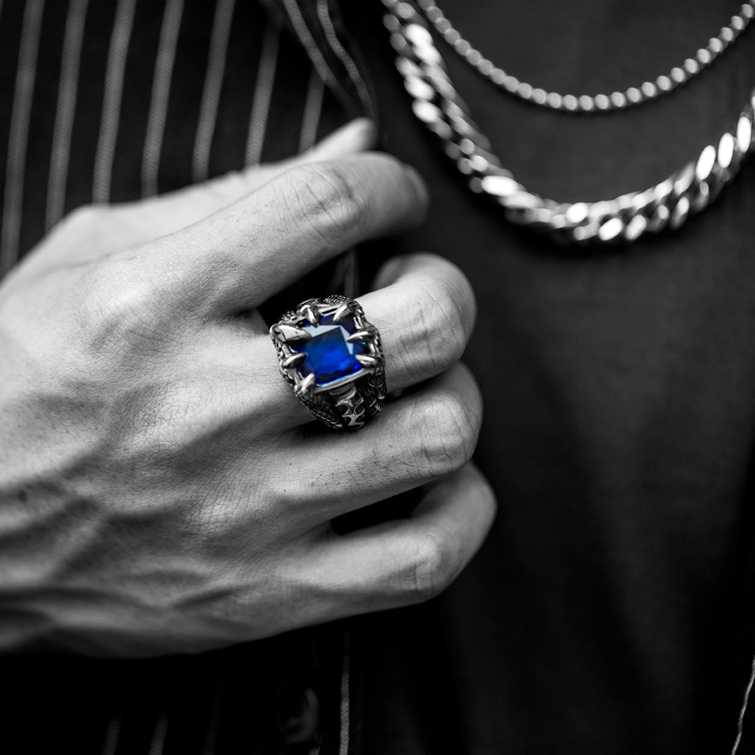 Cool Dragon Claw Stainless Steel Blue Cz Ring With Street Luxury Shine