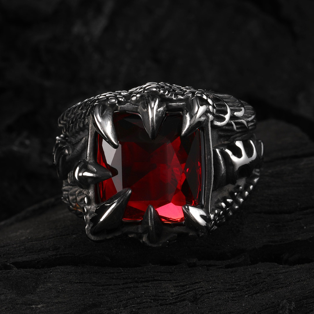 Cool Dragon Claw Stainless Steel Red Cz Ring With Street Luxury Shine