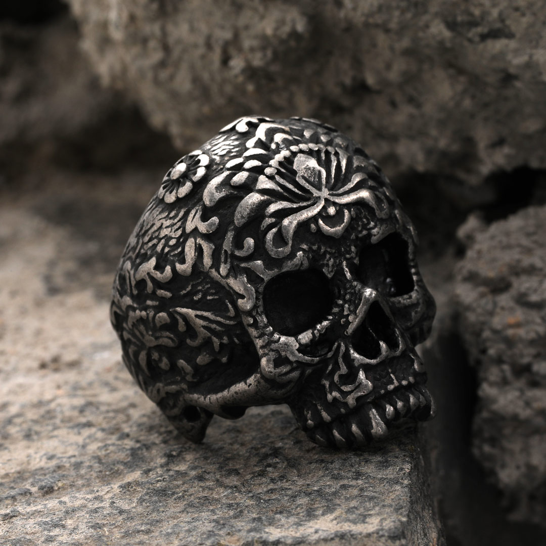 Vintage Flower Skull Stainless Steel Ring Silver With Street Luxury Shine - Image 3
