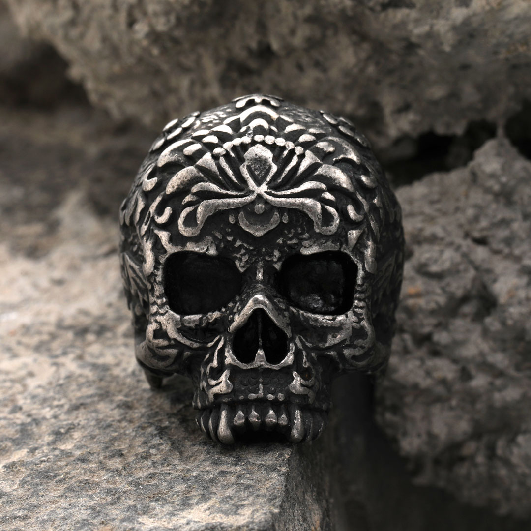 Vintage Flower Skull Stainless Steel Ring Silver With Street Luxury Shine