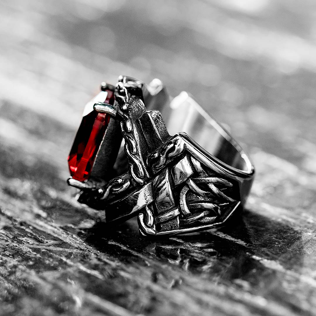 Iris Pattern Gem Cz Stainless Steel Ring In Red With Street Luxury Shine - Image 4
