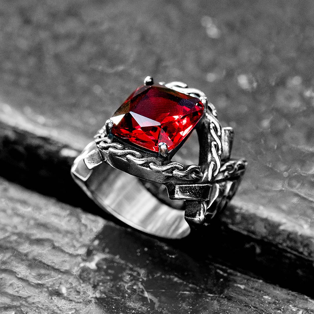 Iris Pattern Gem Cz Stainless Steel Ring In Red With Street Luxury Shine
