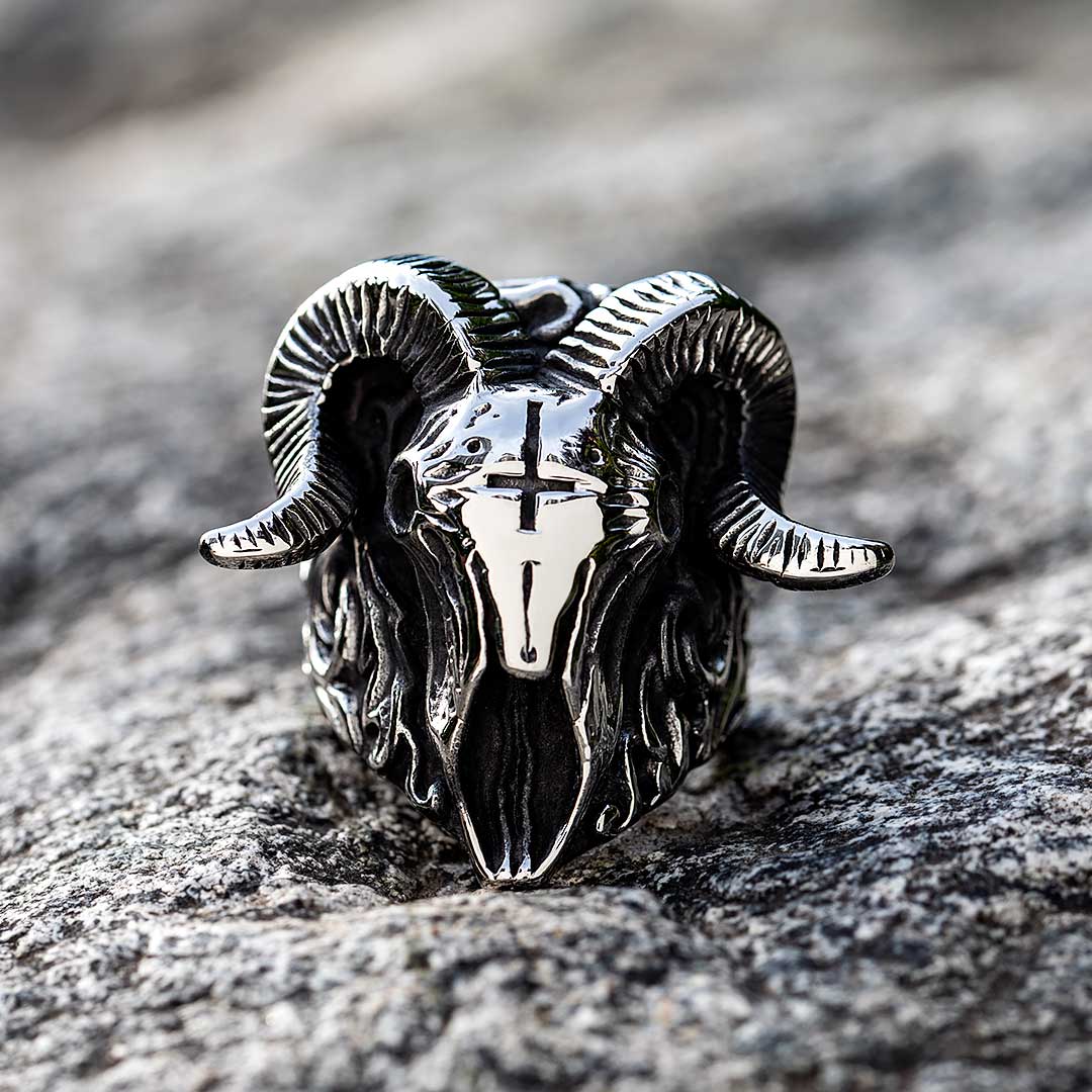 Cross Bighorn Ram Stainless Steel Ring Silver With Street Luxury Shine
