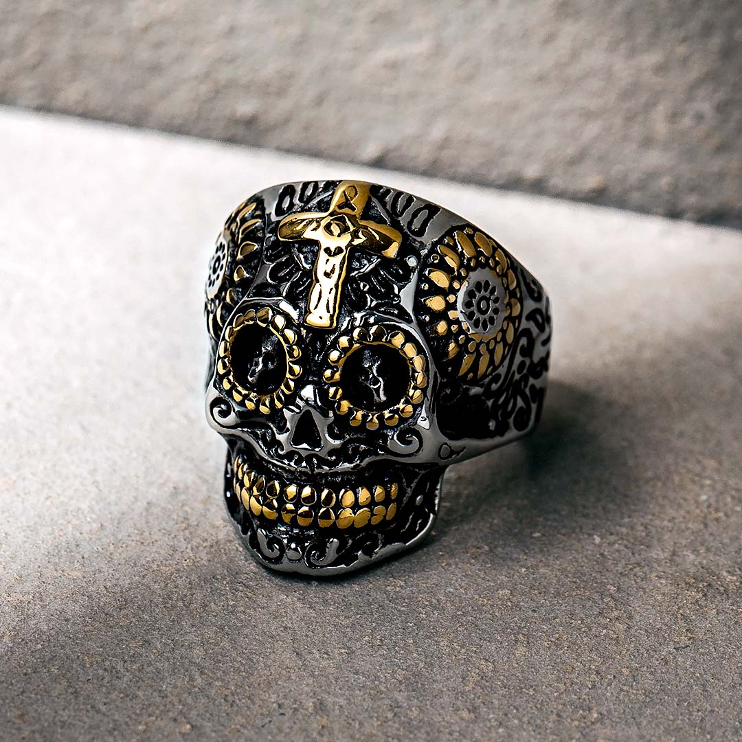 Vintage Cross Sugar Skull Stainless Steel Ring With Street Luxury Shine