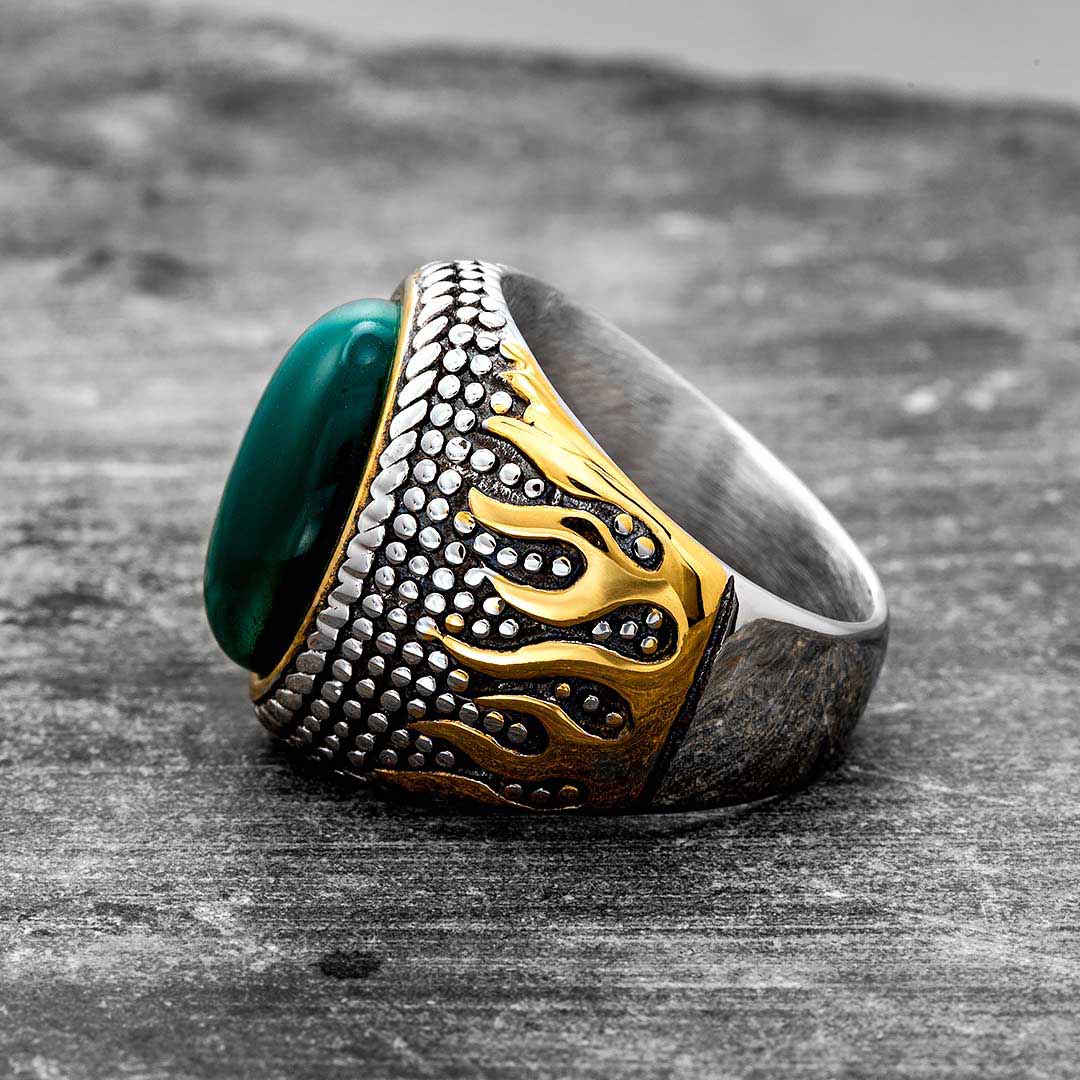 Vintage Green Agate Stainless Steel Ring Silver With Street Luxury Shine - Image 3