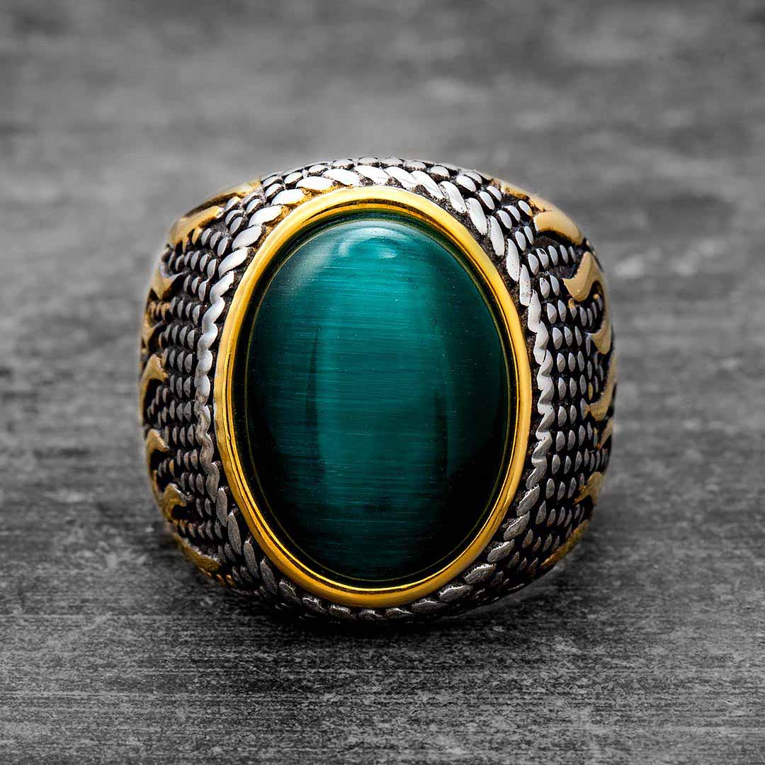 Vintage Green Agate Stainless Steel Ring Silver With Street Luxury Shine - Image 4