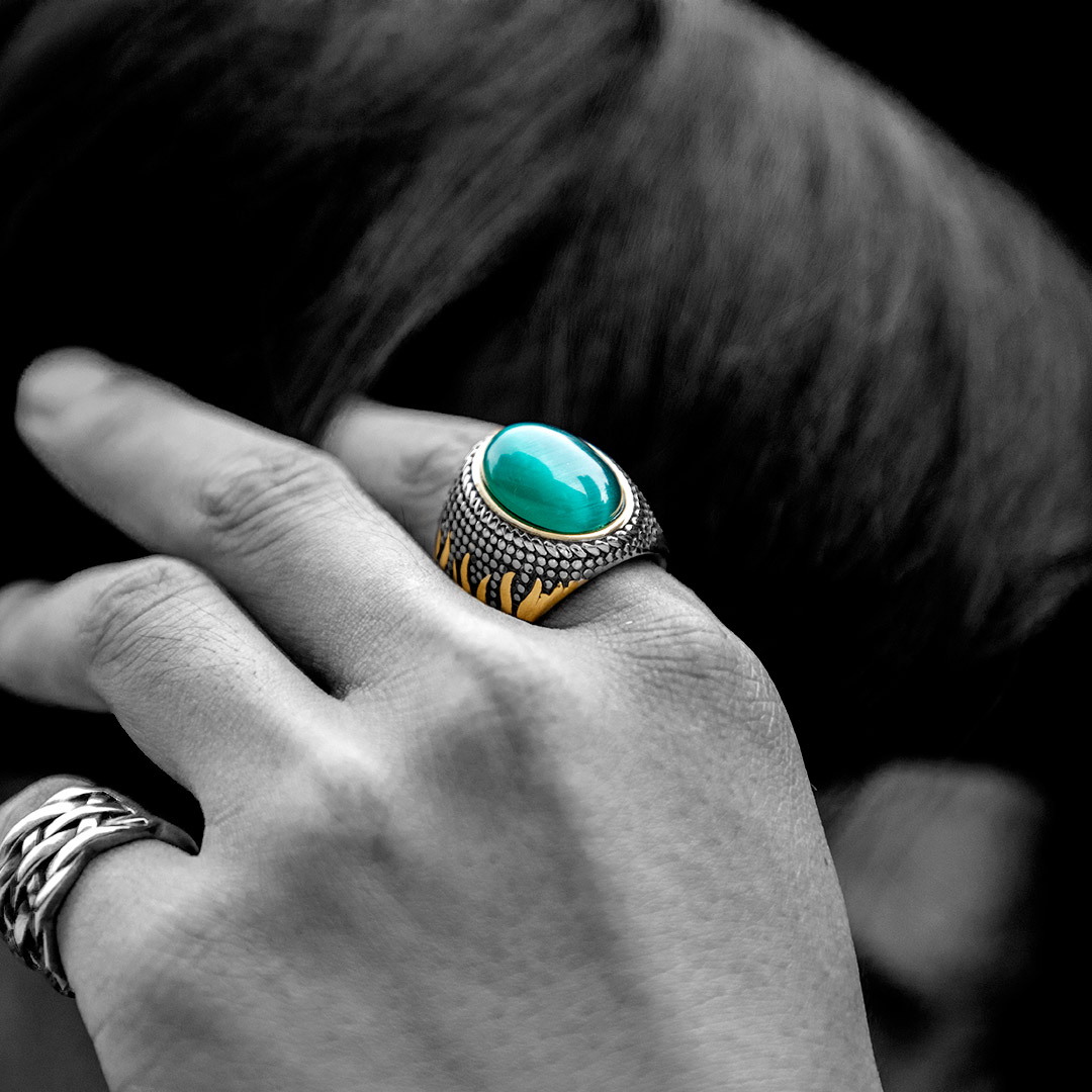 Vintage Green Agate Stainless Steel Ring Silver With Street Luxury Shine - Image 5