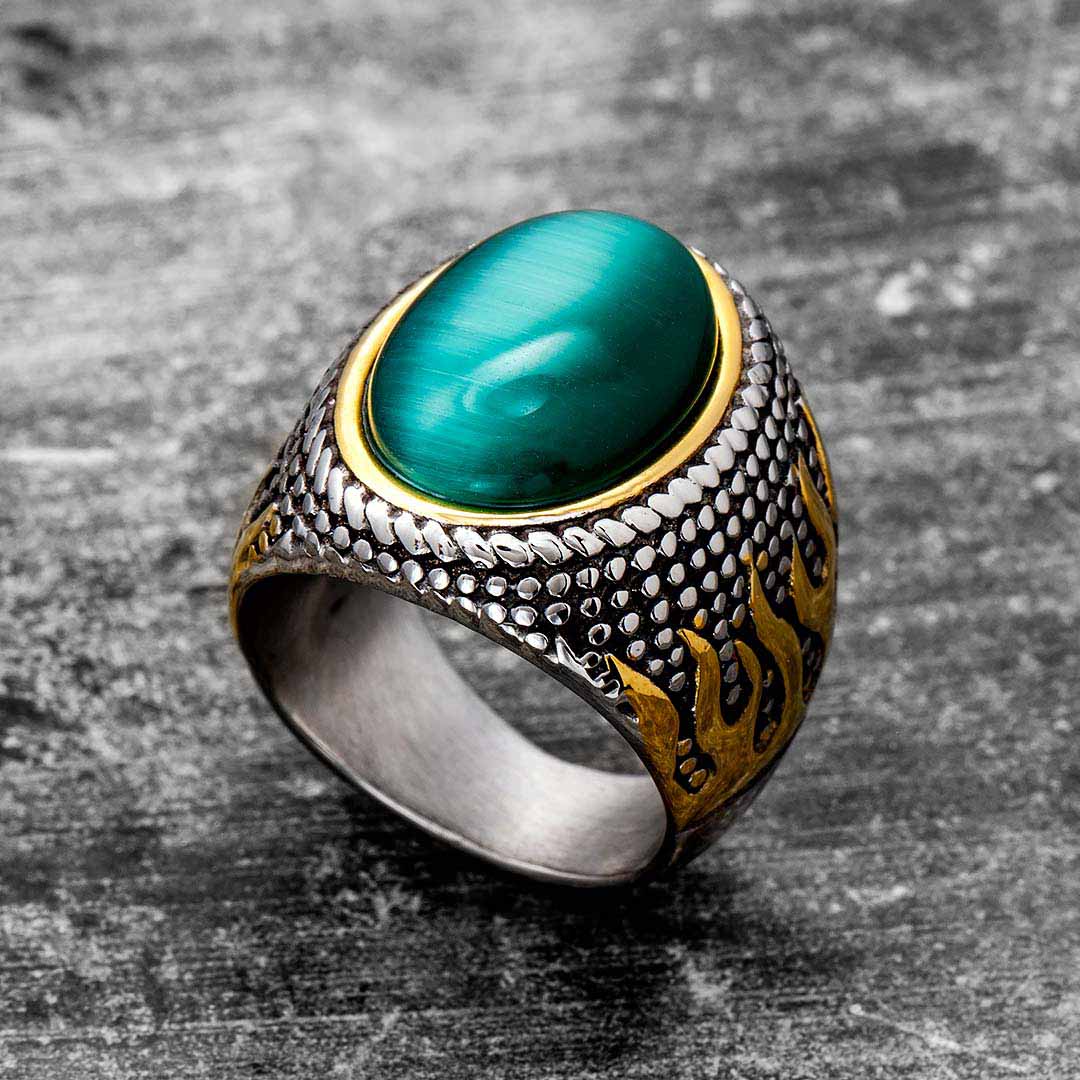 Vintage Green Agate Stainless Steel Ring Silver With Street Luxury Shine
